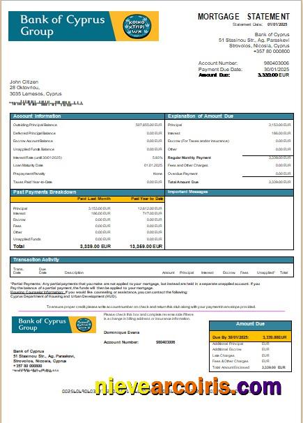 Cyprus Bank of Cyprus bank mortgage statement